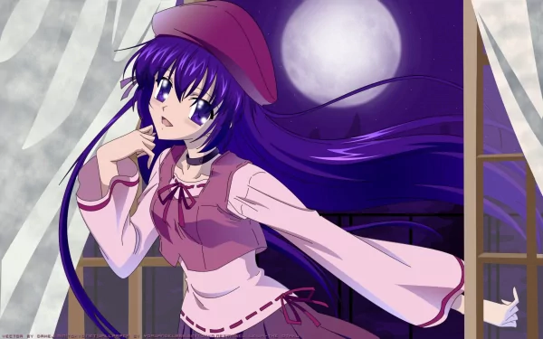 HD PC desktop wallpaper featuring Matsuri Shihou from the anime Sola, with her purple hair flowing under a full moon visible through a window.