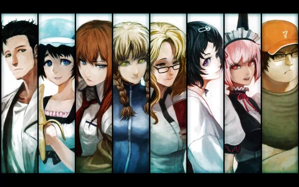 A vibrant HD desktop wallpaper featuring characters from the anime Steins;Gate, showcasing a diverse cast in a striking lineup with unique expressions and styles.