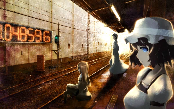 A dramatic HD desktop wallpaper from Steins;Gate, featuring characters in a train station setting, with an illuminated digital clock and a green signal in the background.