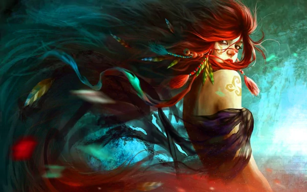 A fantasy woman with flowing red hair adorned with feathers is depicted in this HD wallpaper, set against a mystical and vibrant background, creating an enchanting and dynamic scene.
