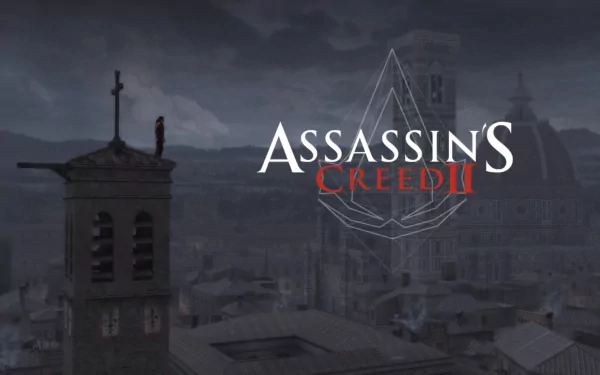 Assassin's Creed II video game HD PC desktop wallpaper background: foggy Renaissance cityscape with a silhouetted bell tower and the Assassin's Creed II logo over a moody skyline.
