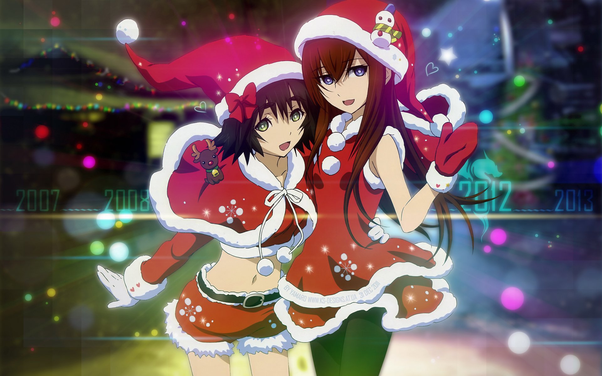 HD desktop wallpaper featuring Mayuri Shiina and Kurisu Makise in festive outfits from the anime Steins;Gate, exuding a cheerful holiday spirit.
