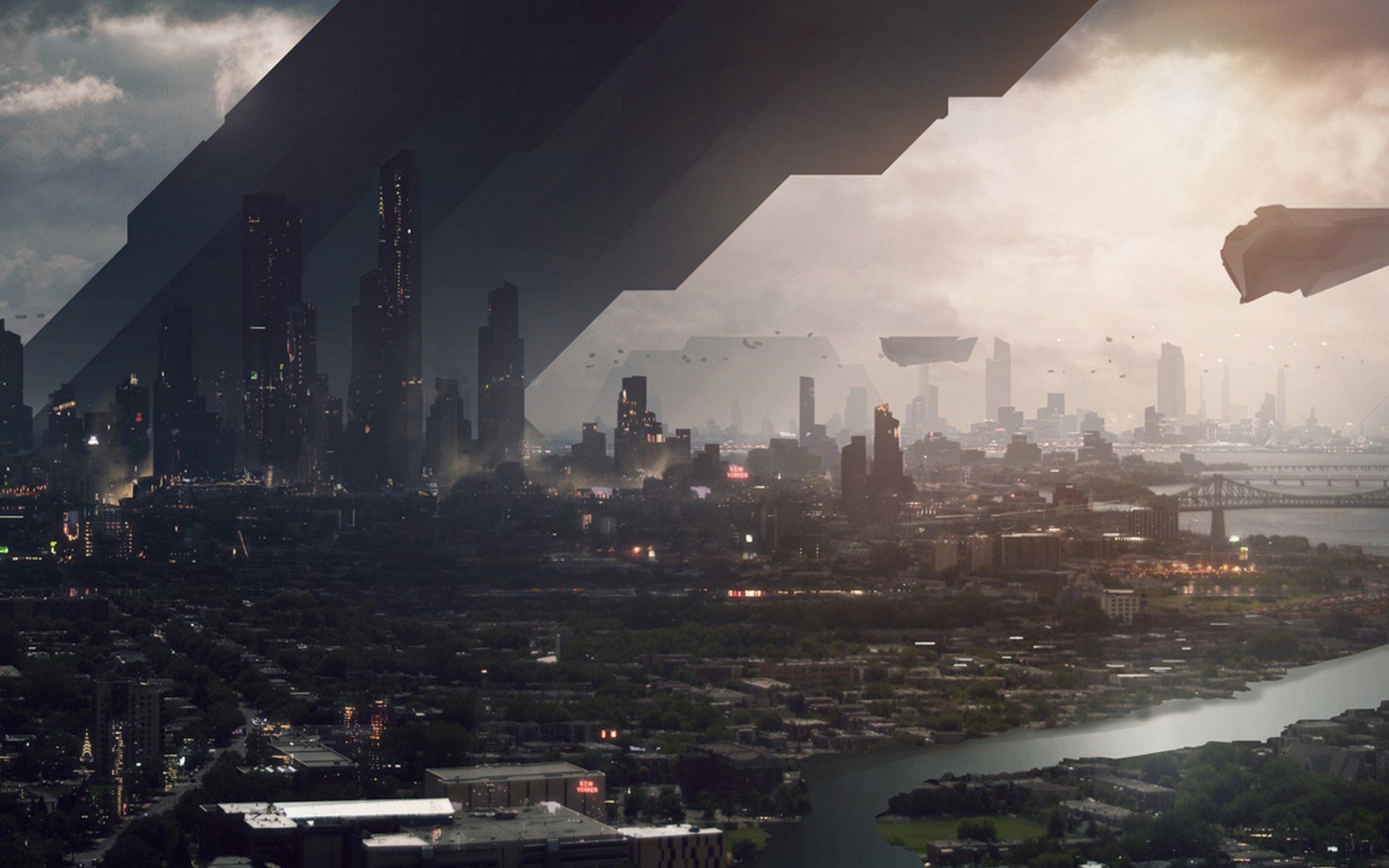 A stunning sci-fi cityscape featuring towering skyscrapers under a dramatic sky, with futuristic elements and a river flowing through the urban environment. High-definition desktop wallpaper.