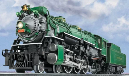 A vibrant green steam locomotive, detailed and powerful, captured in motion against a cloudy sky, serves as a striking HD desktop wallpaper and background.
