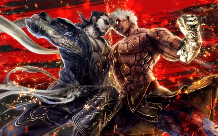 HD desktop wallpaper and background of a dramatic battle scene from the video game Asura's Wrath featuring two muscular warriors clashing in an intense fight against a fiery red backdrop.