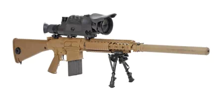 HD PC desktop wallpaper: man-made tan sniper rifle with large scope and bipod shown on a white background.