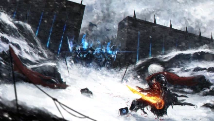 HD PC desktop wallpaper depicting a fantasy warrior with a flaming sword standing in a snowy battlefield, facing a towering, dark, spiked fortress under a stormy sky.