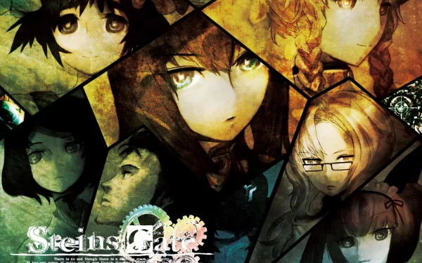 A dynamic HD wallpaper from the anime Steins;Gate, featuring a collage of key characters against a vibrant, abstract background.