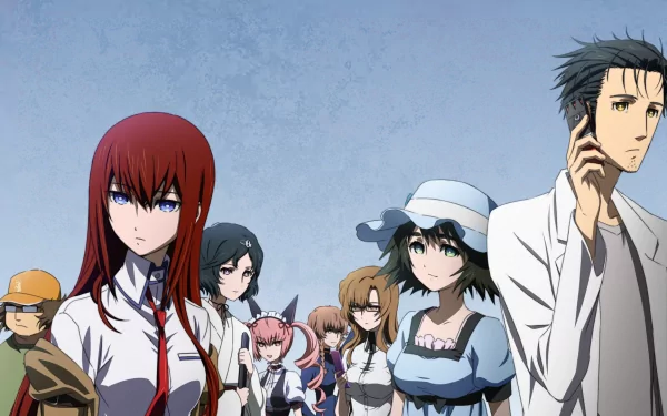 A vibrant HD wallpaper featuring characters from Steins;Gate, including Moeka Kiryū, Suzuha Amane, and Rintaro Okabe, set against a clear sky backdrop.