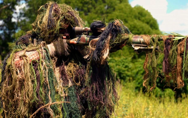 HD PC desktop wallpaper showing a military sniper in full ghillie suit aiming through a camouflaged sniper rifle in a lush green outdoor setting.