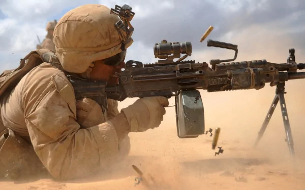 A soldier in military gear aims an M249 SAW in a sandy environment, with spent cartridges flying, capturing the intensity of combat in a high-definition wallpaper.