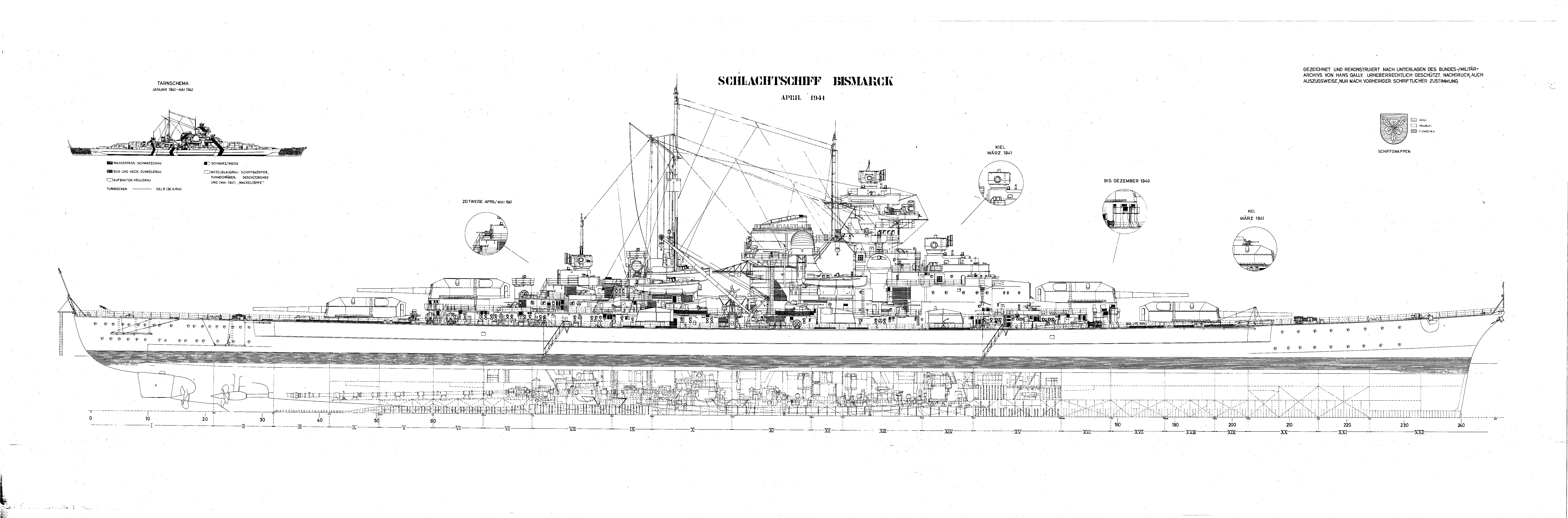 The German Battleship Bismark schematics.