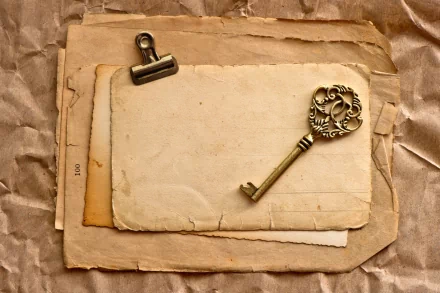 A vintage-themed HD desktop wallpaper featuring old, textured papers and an ornate key, evoking a sense of nostalgia and timelessness in photography.