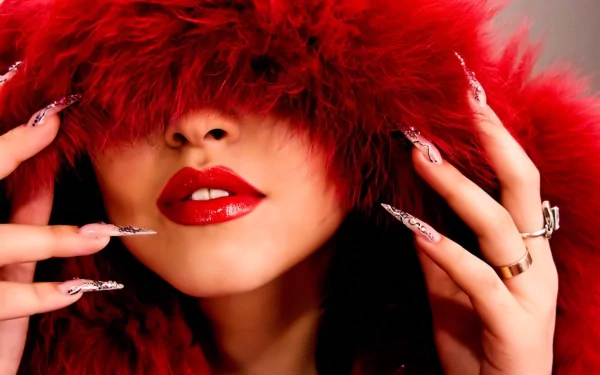 HD PC desktop wallpaper featuring a woman with glossy red lips partially hidden by a vibrant red fur hood, showcasing elegant nails and rings.