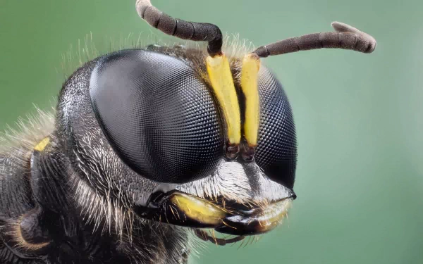 A close-up shot of a bee, showcasing intricate details of its eyes and antennae, set against a soft green background. This HD image serves as a striking desktop wallpaper.