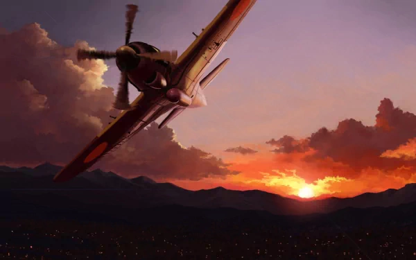 4K Ultra HD desktop wallpaper of a military aircraft soaring above a darkened landscape at sunset with dramatic clouds and vibrant colors.