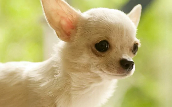 A close-up of a light-colored chihuahua with large ears, set against a blurred green background, showcasing its adorable features. This image serves as an HD desktop wallpaper.