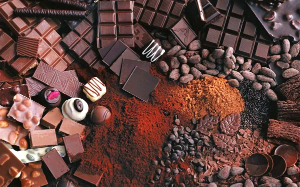 A rich assortment of chocolates, cocoa powder, and cocoa beans beautifully arranged, creating an indulgent and appealing HD desktop wallpaper for food lovers.