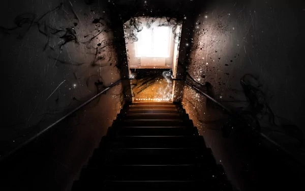 An artistic HD wallpaper featuring a dramatic staircase leading to a glowing doorway, with abstract textures and light effects enhancing the captivating ambiance.