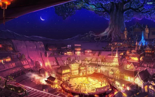 HD desktop wallpaper featuring a fantastical city illuminated under a crescent moon, with vibrant lights, intricate architecture, a central arena, and a large, mystical tree in the background.