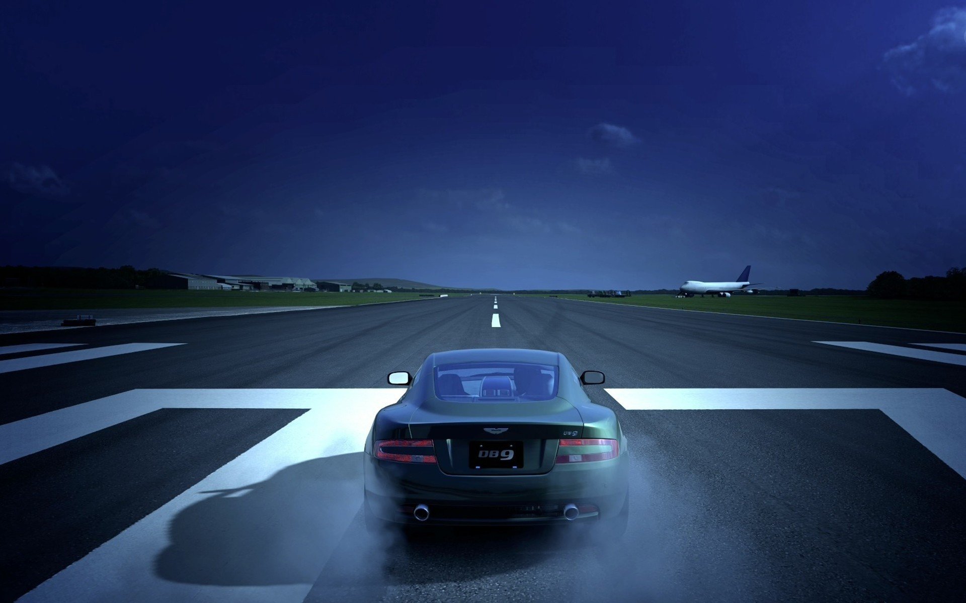 HD desktop wallpaper of a car on a runway at dusk, with 'Top Gear' theme, featuring dynamic lighting and a plane in the background.