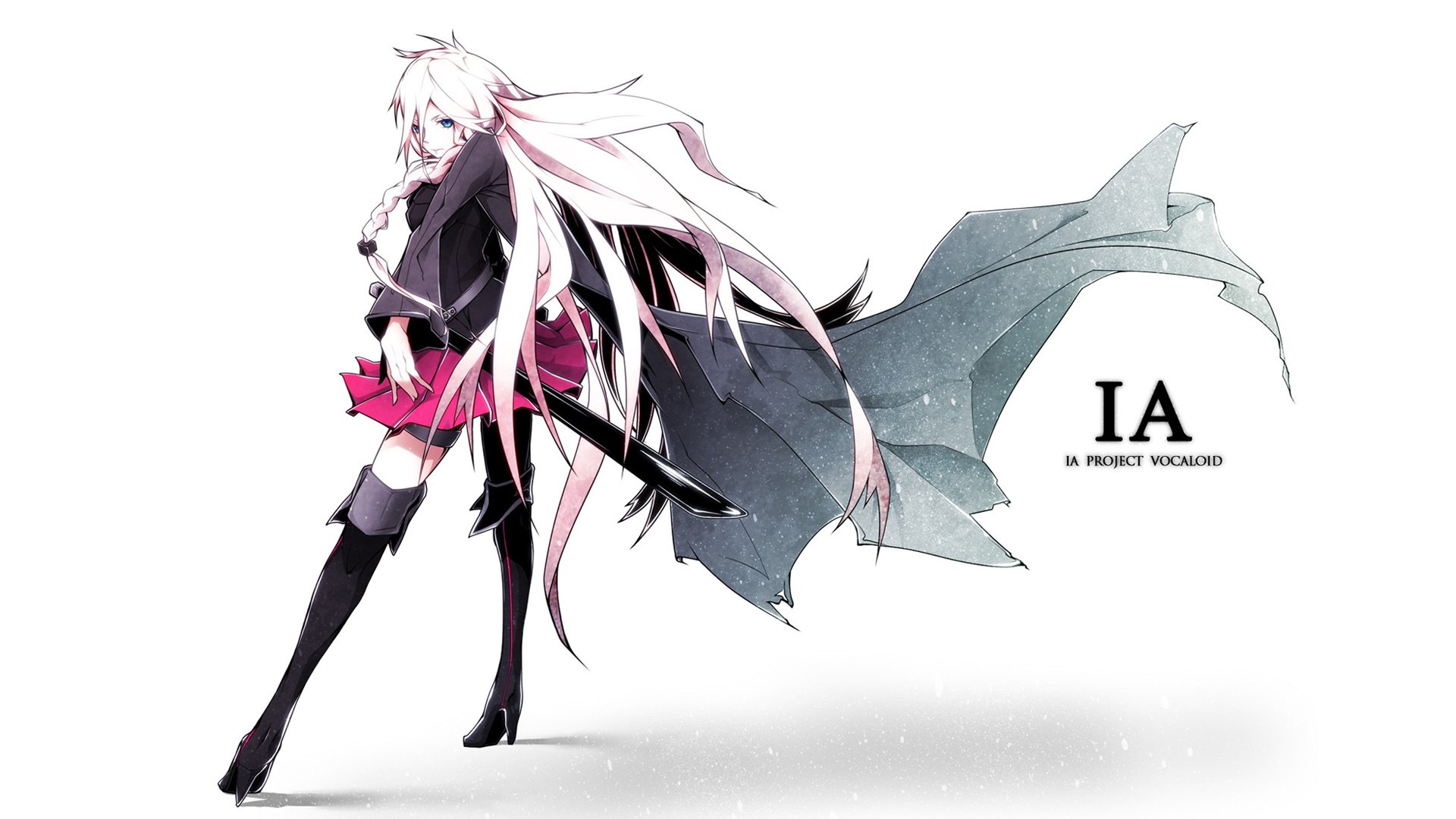 An HD desktop wallpaper featuring IA, a Vocaloid character, illustrated in a striking anime style with long flowing hair and a dynamic pose, set against a minimalist backdrop.