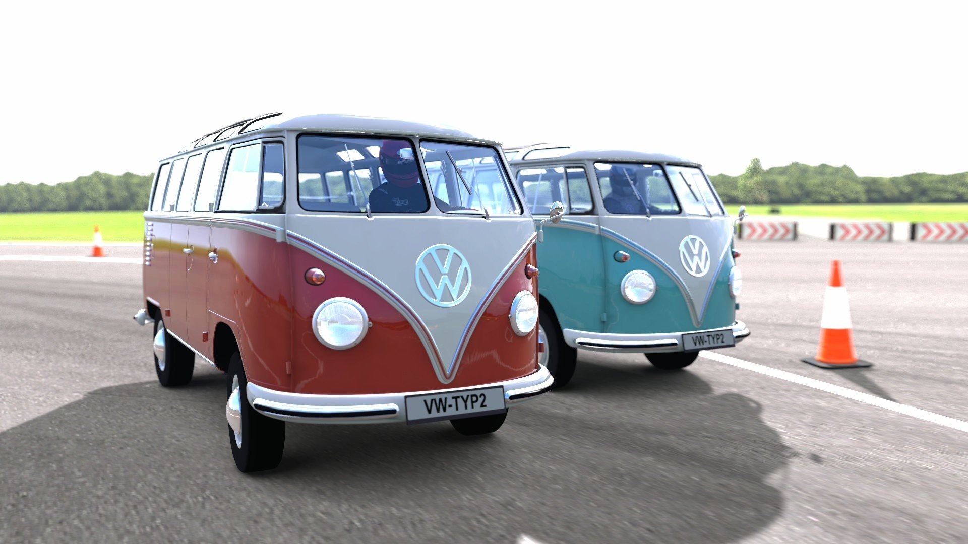 HD desktop wallpaper of two vintage Volkswagen buses from Gran Turismo 5 on a racetrack with cones.