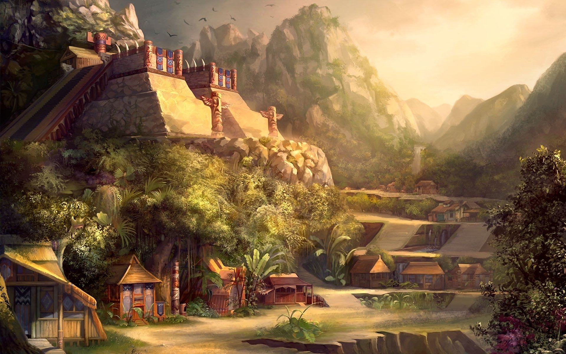 HD fantasy desktop wallpaper depicting a serene mountain fortress surrounded by lush greenery and misty valleys under a golden sky.