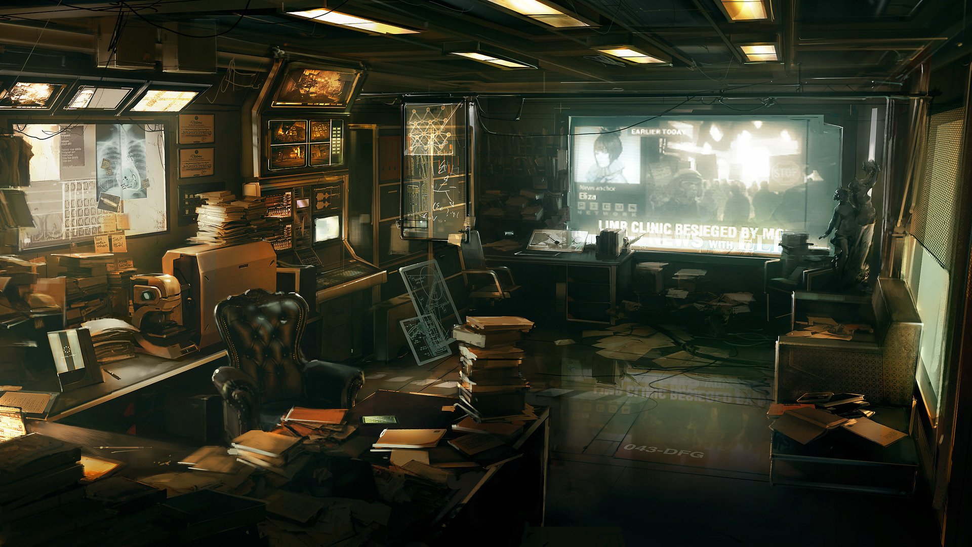Deus Ex: Human Revolution HD PC desktop wallpaper: dim cyberpunk command office with cluttered desks, monitors and stacked papers, neon city skyline glowing through a wide panoramic window.