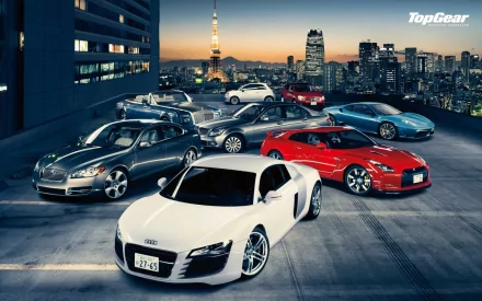 HD wallpaper featuring a lineup of high-performance cars on a rooftop for Top Gear fans.