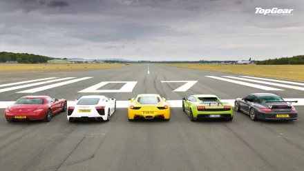 HD desktop wallpaper featuring a lineup of four sports cars on a runway from Top Gear.
