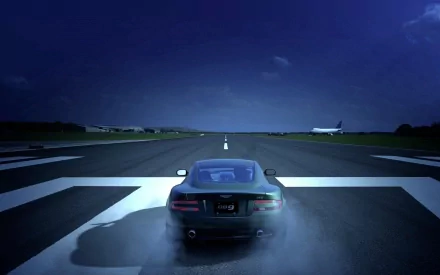 HD desktop wallpaper of a car on a runway at dusk, with 'Top Gear' theme, featuring dynamic lighting and a plane in the background.