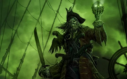 HD fantasy pirate desktop wallpaper featuring a ghostly pirate holding a glowing skull, surrounded by ship rigging and a dark, eerie green atmosphere.