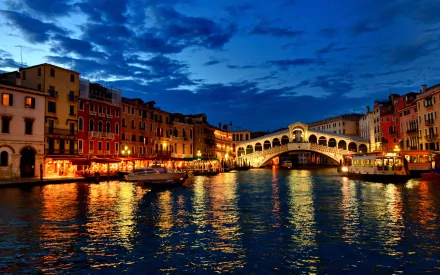 HD desktop wallpaper showcasing the illuminated Rialto Bridge and historic Venetian buildings reflecting on the Grand Canal in Venice, Italy at dusk.