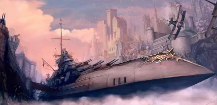 A majestic steampunk warship sails through a misty sci-fi cityscape with towering buildings under a pastel sky in stunning 4K Ultra HD detail.