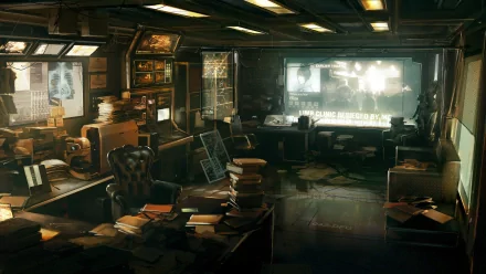 Deus Ex: Human Revolution HD PC desktop wallpaper: dim cyberpunk command office with cluttered desks, monitors and stacked papers, neon city skyline glowing through a wide panoramic window.