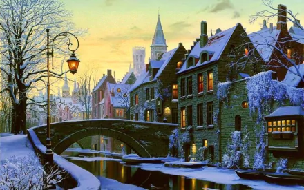 Artistic HD PC desktop wallpaper depicting a snowy cityscape with a stone bridge over a calm canal, old buildings, and warm street lamps glowing at sunset.