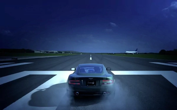 HD desktop wallpaper of a car on a runway at dusk, with 'Top Gear' theme, featuring dynamic lighting and a plane in the background.