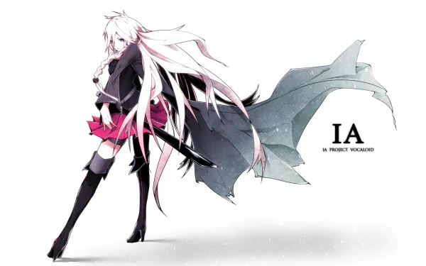 An HD desktop wallpaper featuring IA, a Vocaloid character, illustrated in a striking anime style with long flowing hair and a dynamic pose, set against a minimalist backdrop.
