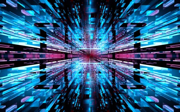 An abstract geometric design featuring vibrant blue and pink hues, creating a futuristic sense of depth. This striking HD desktop wallpaper enhances any digital background.