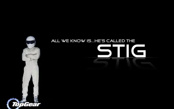 HD desktop wallpaper of The Stig from Top Gear, with the show's logo and the text All we know is...he's called THE STIG.