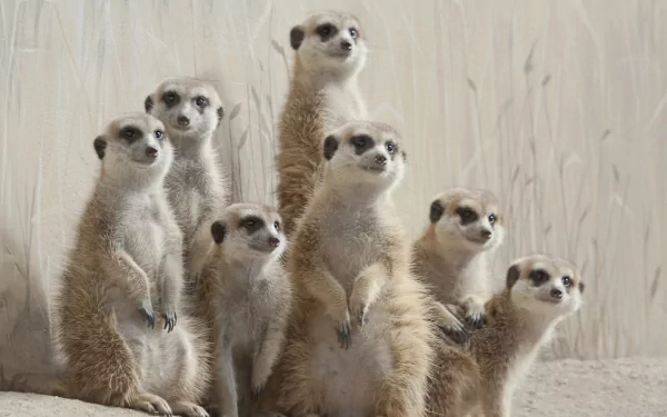 HD PC desktop wallpaper showing a group of meerkats (animal) standing alert on their hind legs against a pale, textured background.