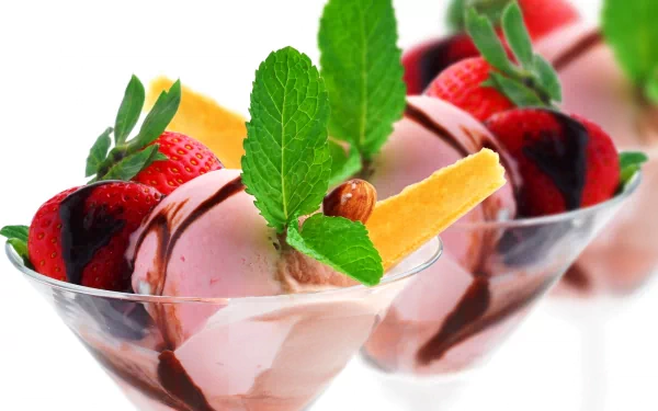 Delicious ice cream served in elegant glasses, topped with fresh strawberries, orange slices, and mint leaves. A vibrant treat, captured in stunning 4K Ultra HD for a delightful desktop background.