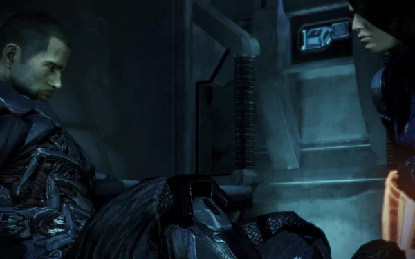 Mass Effect 3 HD PC wallpaper: Commander Shepard collapsed on a ship floor as Ashley Williams kneels beside him in a dim, blue-lit sci‑fi interior.