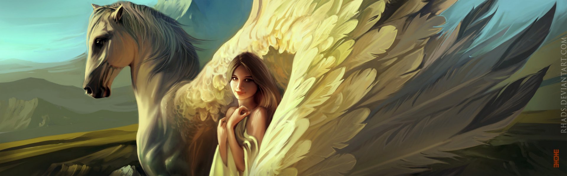 HD fantasy PC desktop wallpaper: a winged woman beside a majestic pegasus, golden feathers enveloping them in warm, ethereal light.