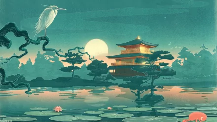 A serene Japanese landscape featuring a tranquil pond, blooming lilies, and a graceful heron, set against a traditional temple illuminated by the soft glow of the moon.
