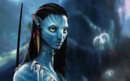 HD PC desktop wallpaper featuring a close-up of a blue-skinned Na'vi character from the movie Avatar against a glowing, mystical forest background.