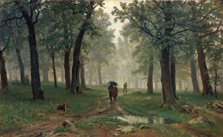 HD oil painting desktop wallpaper depicting a serene forest scene with a rider on horseback and a pedestrian on a misty path, surrounded by tall trees. The artistic image exudes calmness and tranquility.