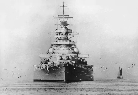 A striking HD wallpaper of the German battleship Bismarck, showcasing its formidable presence as it sails through calm waters, surrounded by seagulls.