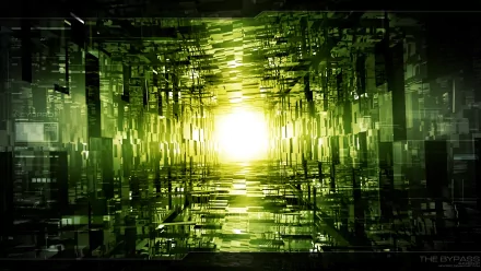 Abstract green digital tunnel with glowing light at the center, creating a futuristic and immersive atmosphere in an HD PC desktop wallpaper background.